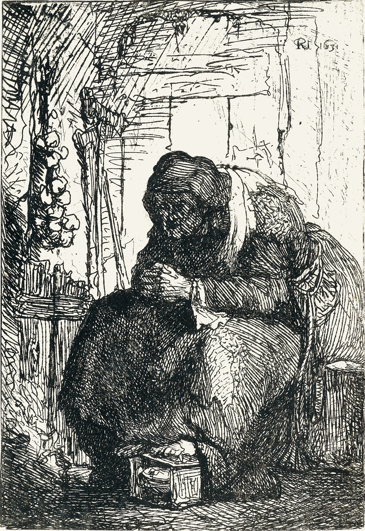 REMBRANDT VAN RIJN An Old Woman Seated in a Cottage, with a String of Onions on the Wall.